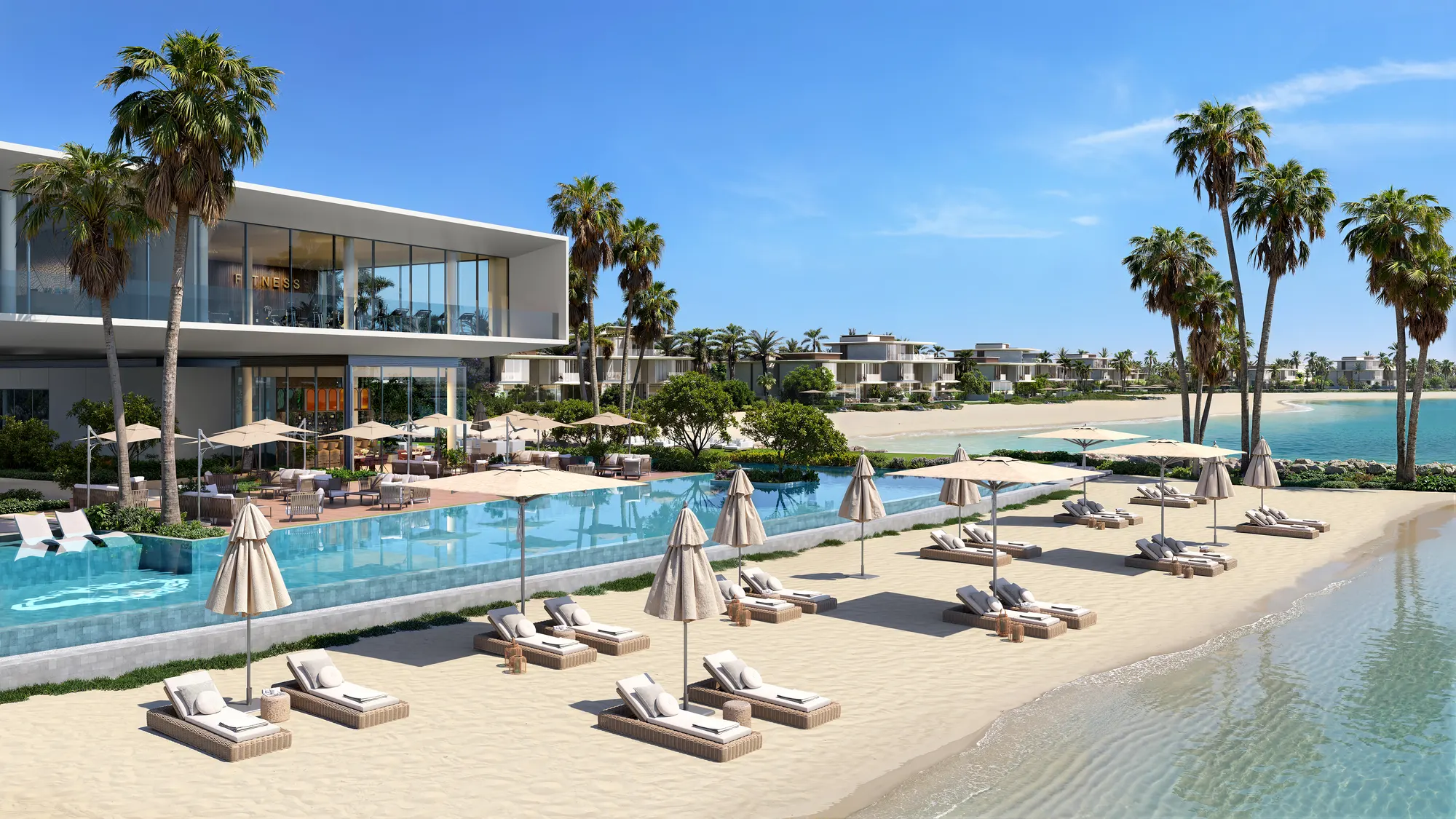 Bay Estate beach club pool deck and loungers, official developer render