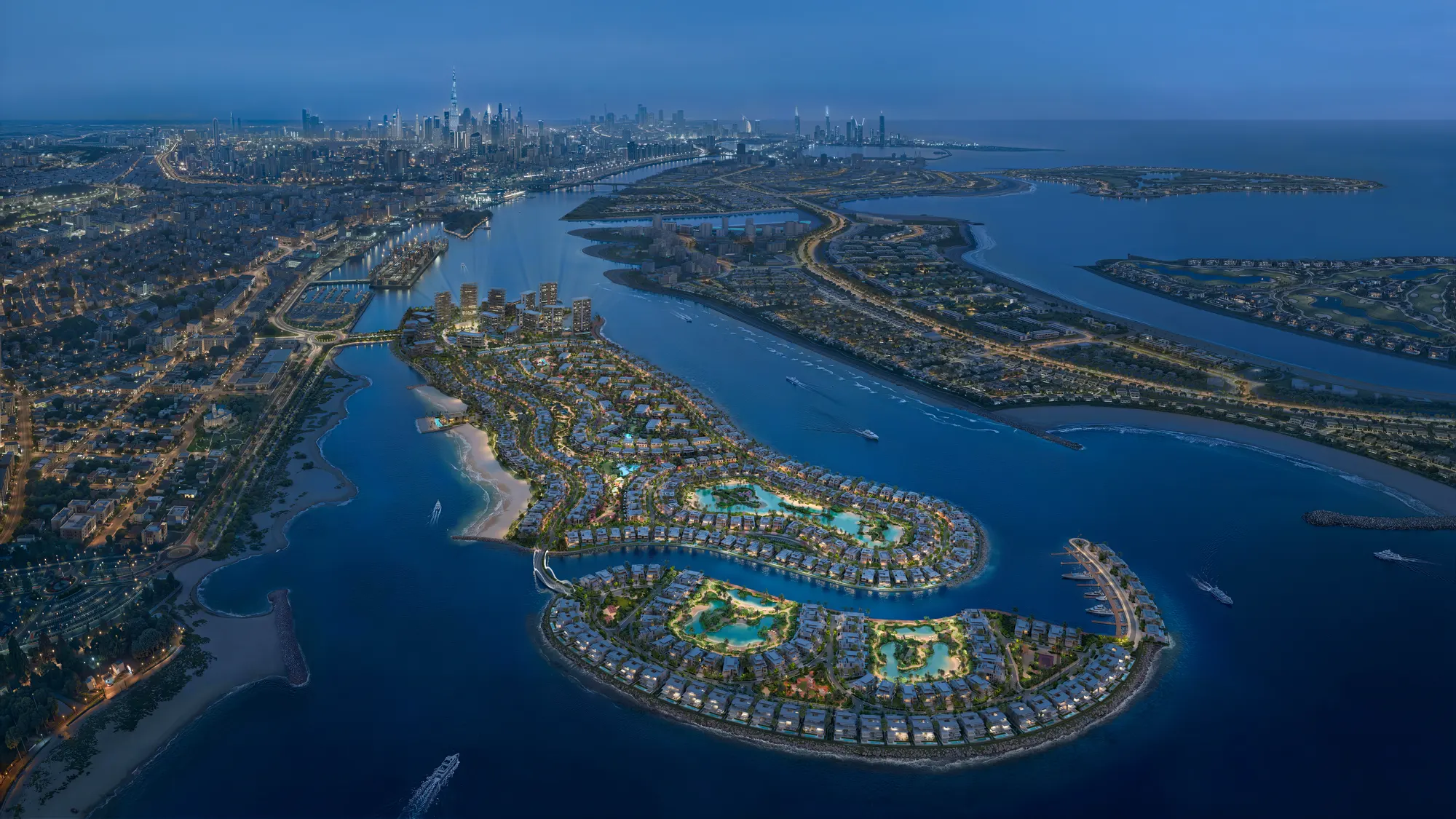 Dubai Islands aerial view with Bay Estate, official developer render